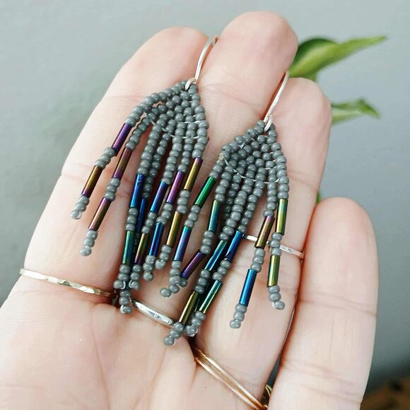 Small Beaded Fringe Cascade Shoulder Duster Dangle Earrings, Gray Metallic, 2.5" - Picture 7 of 7